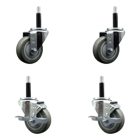 Service Caster 3.5'' SS Gray Poly Wheel Swivel 3/4'' Expanding Stem Caster Set 2 Brakes, 4PK SCC-SSEX20S3514-PPUB-2-TLB-2-34